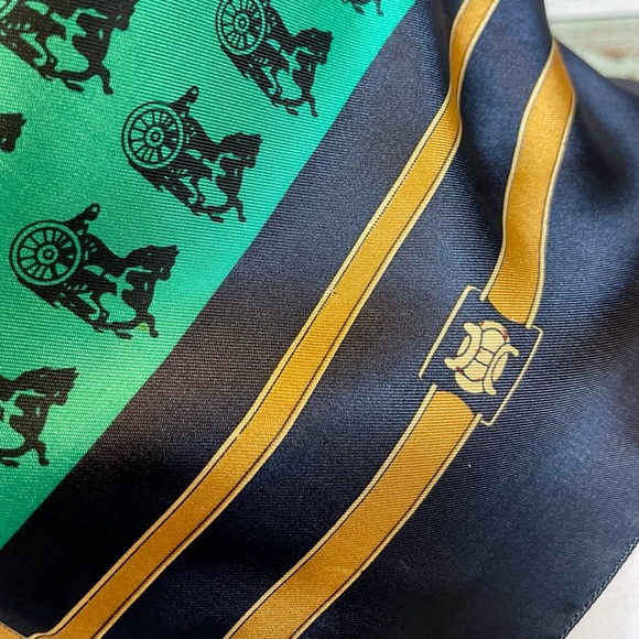 Vintage Green Silk Scarf w/ Horse & Gig Carriage Silhouette Navy & Gold Border - Picture 11 of 11